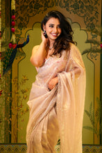 ANSHIKA-Powder White Saree In Orgenza With Sequins Border And Butti