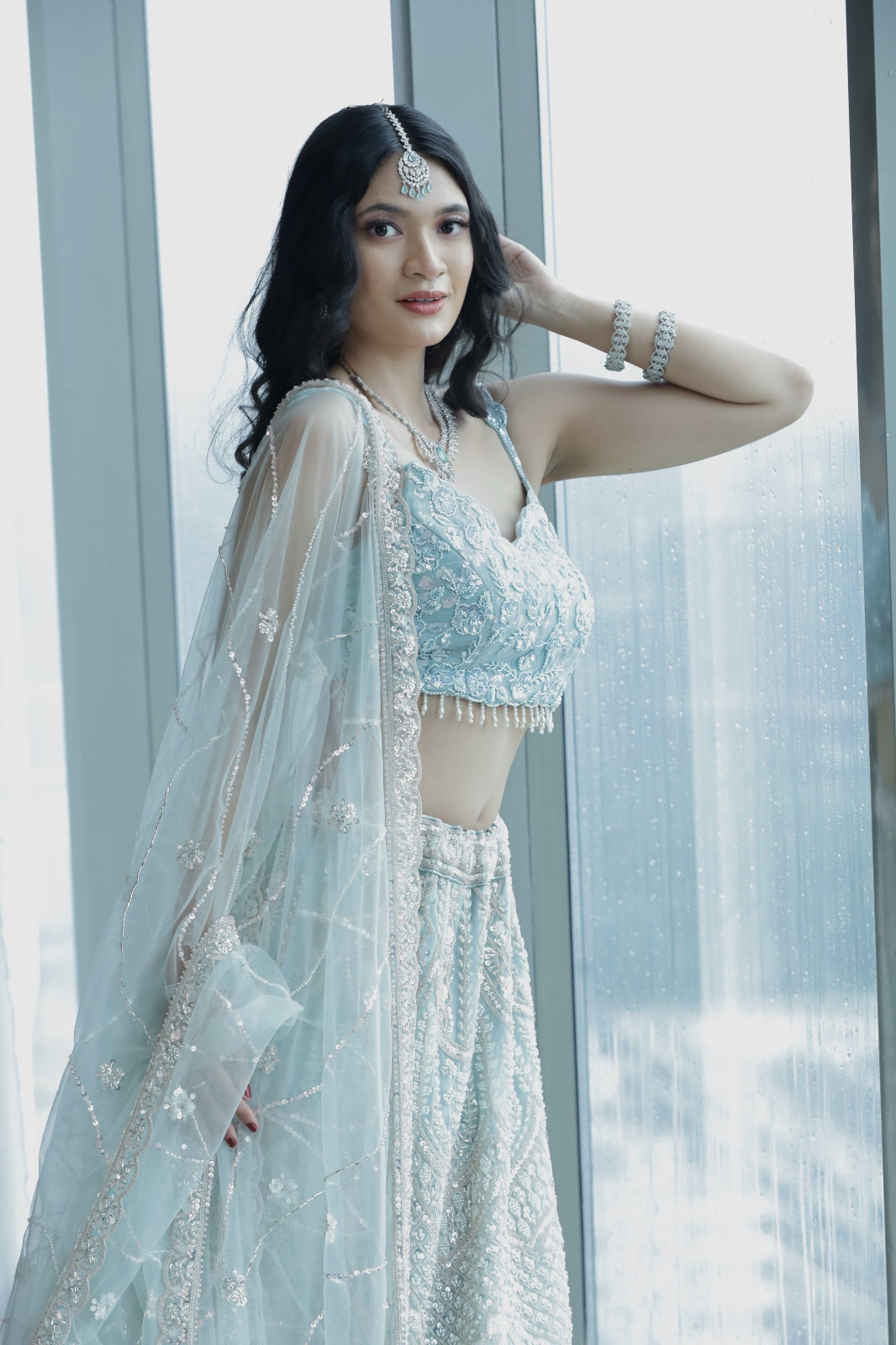 Celestial Charm Light Blue Embroidered Net Lehenga