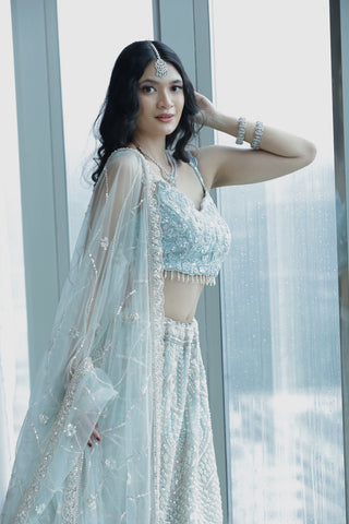 Celestial Charm Light Blue Embroidered Net Lehenga
