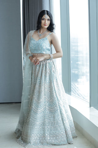 Celestial Charm Light Blue Embroidered Net Lehenga