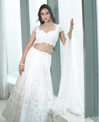White Designer Lehenga with 3D Floral Embroidery