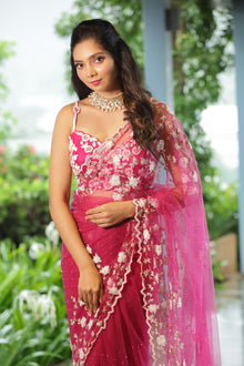 Magenta Bloom Embroidered Net Saree