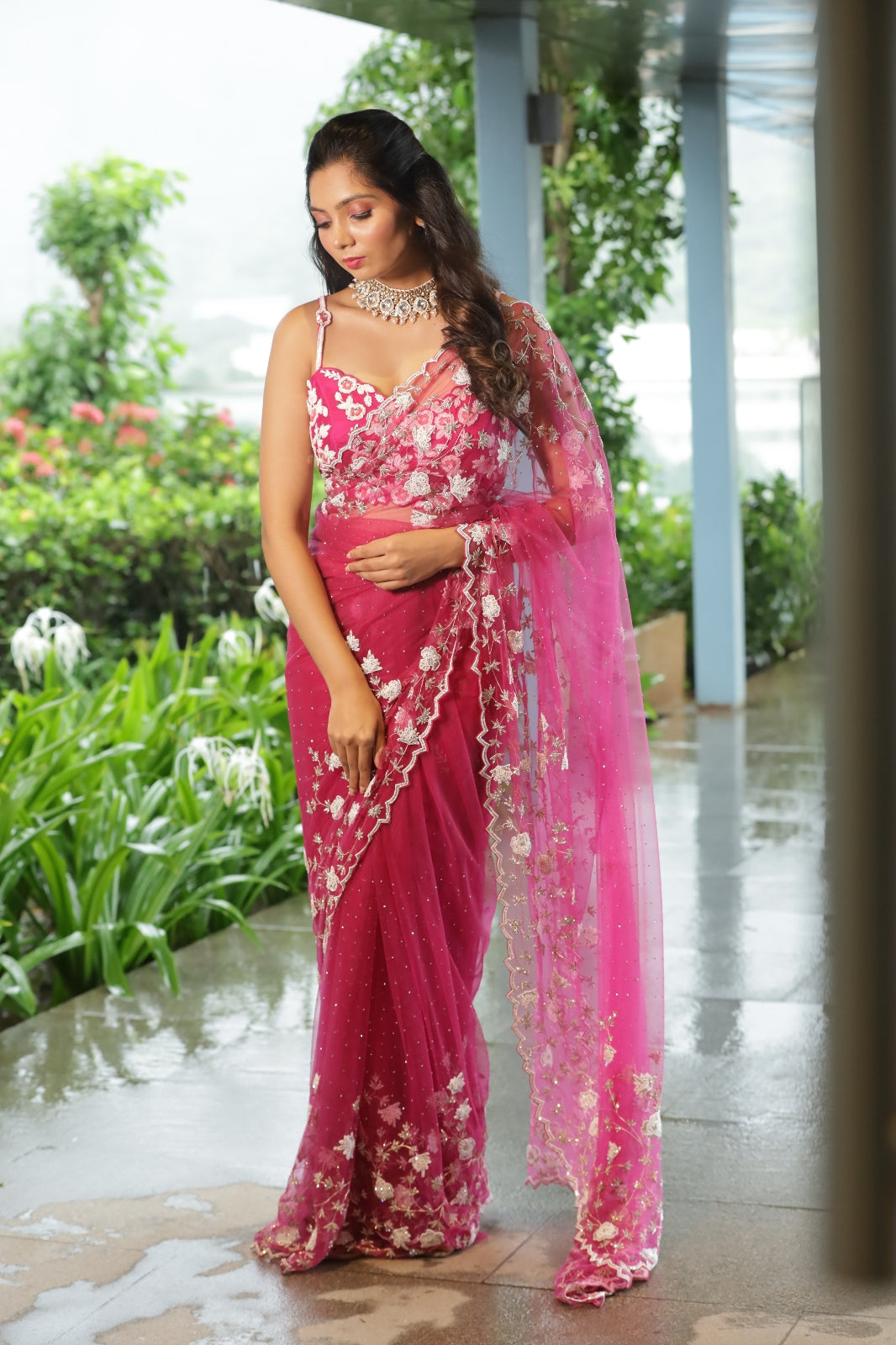 Magenta Bloom Embroidered Net Saree