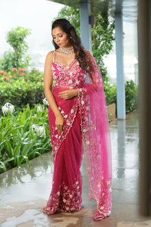 Magenta Bloom Embroidered Net Saree