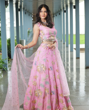 Pink Bloom Lehenga with sequins detailing