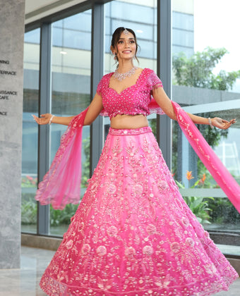 Dreamy Pink Ombre Lehenga with 3D Floral Detailing