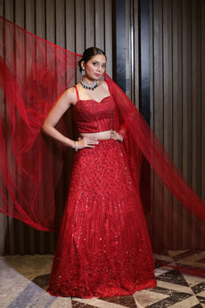 Scarlet Aura Red Net Lehenga