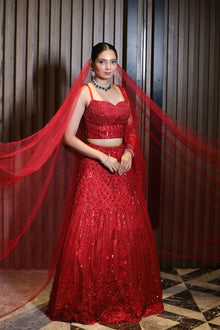 Scarlet Aura Red Net Lehenga