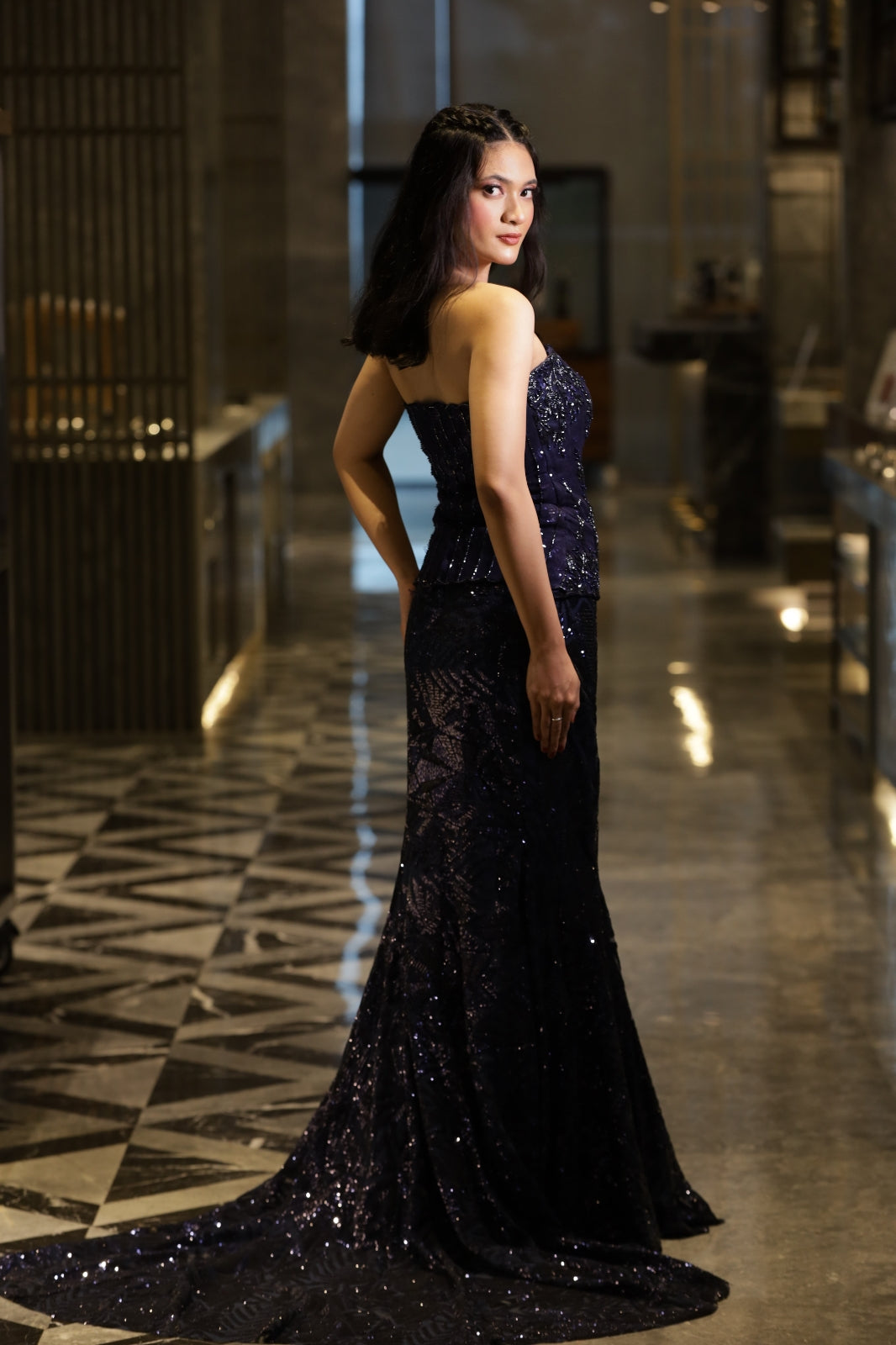 Midnight Spark– Blue Corset Fishcut Lehenga with Trail