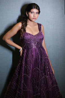 Majestic Deep Purple Embroidered Gown