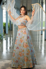 Sky Blue Floral Sequin Chiffon Lehenga
