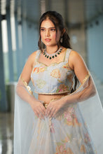 Sky Blue Floral Sequin Chiffon Lehenga