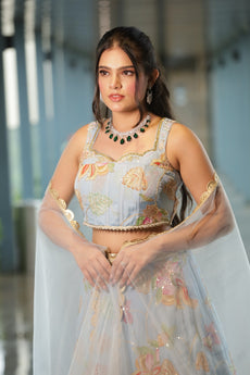 Sky Blue Floral Sequin Chiffon Lehenga