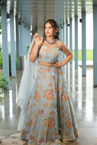 Sky Blue Floral Sequin Chiffon Lehenga