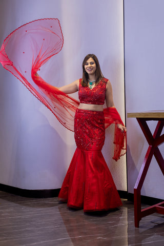 Ekaya - red  Organza Embroidered  fishcut Lehenga with Dupatta .