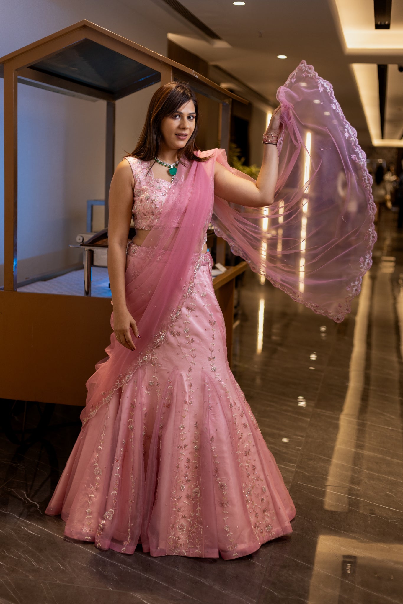 Ekaya -PINK Organza Embroidered  fishcut Lehenga with Dupatta .