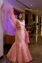 Ekaya -PINK Organza Embroidered  fishcut Lehenga with Dupatta .