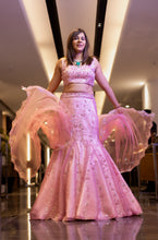 Ekaya -PINK Organza Embroidered  fishcut Lehenga with Dupatta .