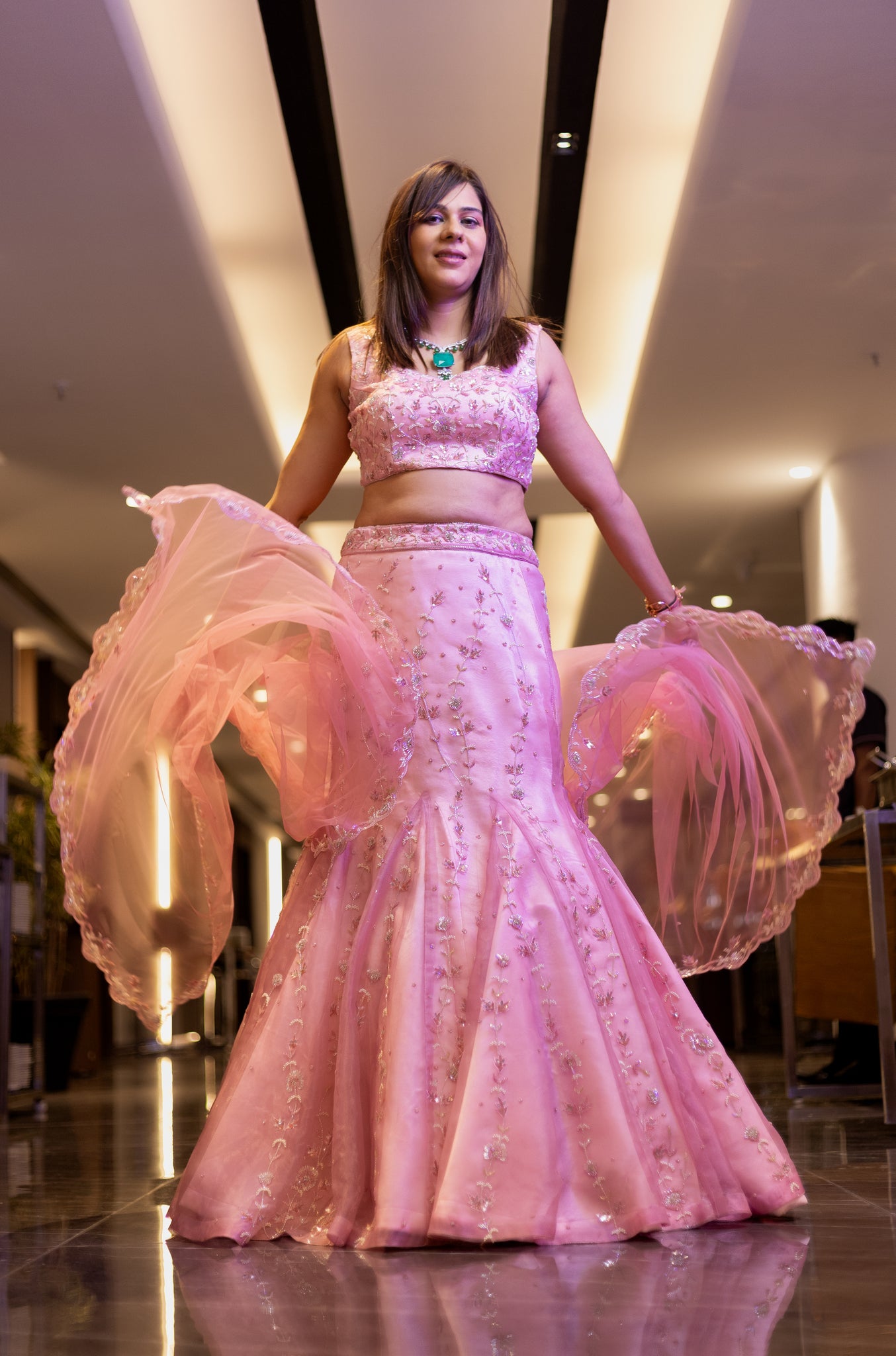 Ekaya -PINK Organza Embroidered  fishcut Lehenga with Dupatta .