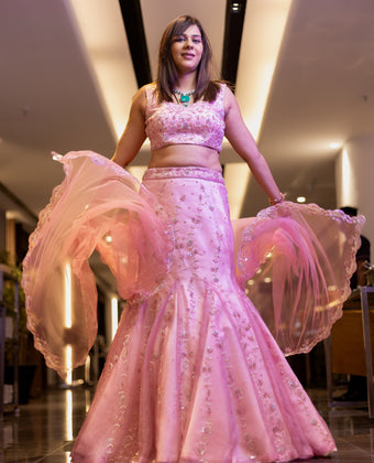 Ekaya -PINK Organza Embroidered  fishcut Lehenga with Dupatta .