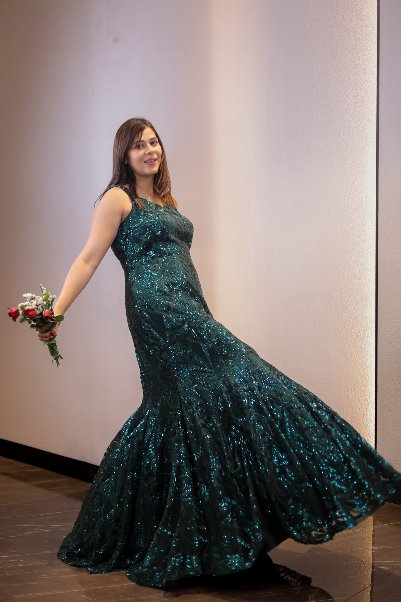 Elize - Emerald green embroidered net gown in sequins