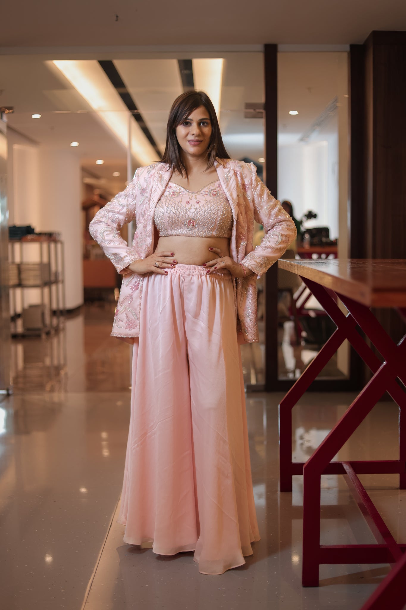 Baby Pink Jacket Crop Top Palazzo Set – Indo Western – Rajkumari