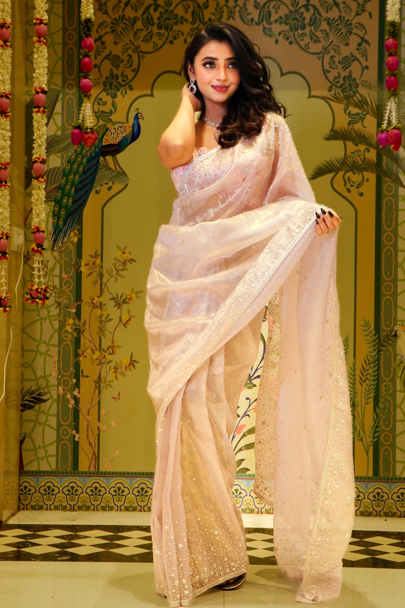 ANSHIKA-Powder White Saree In Organza With 3D Flower Embroidery Border And Buttis Featuring Multicolour Moti And Sequins