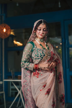 ANIYAH- Peach Net Handcrafted Saree with Long Sleeves Blouse