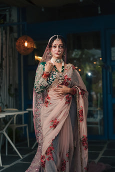 ANIYAH- Peach Net Handcrafted Saree with Long Sleeves Blouse