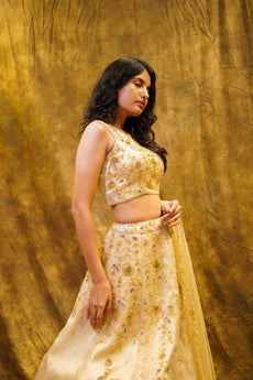 Ella- Gold lehenga with matching Blouse and Dupatta