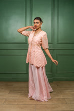 Nashit - PINK Handcrafted Peplum Jacket with Palazzo in Cutdana, Pearl and Stone Work.