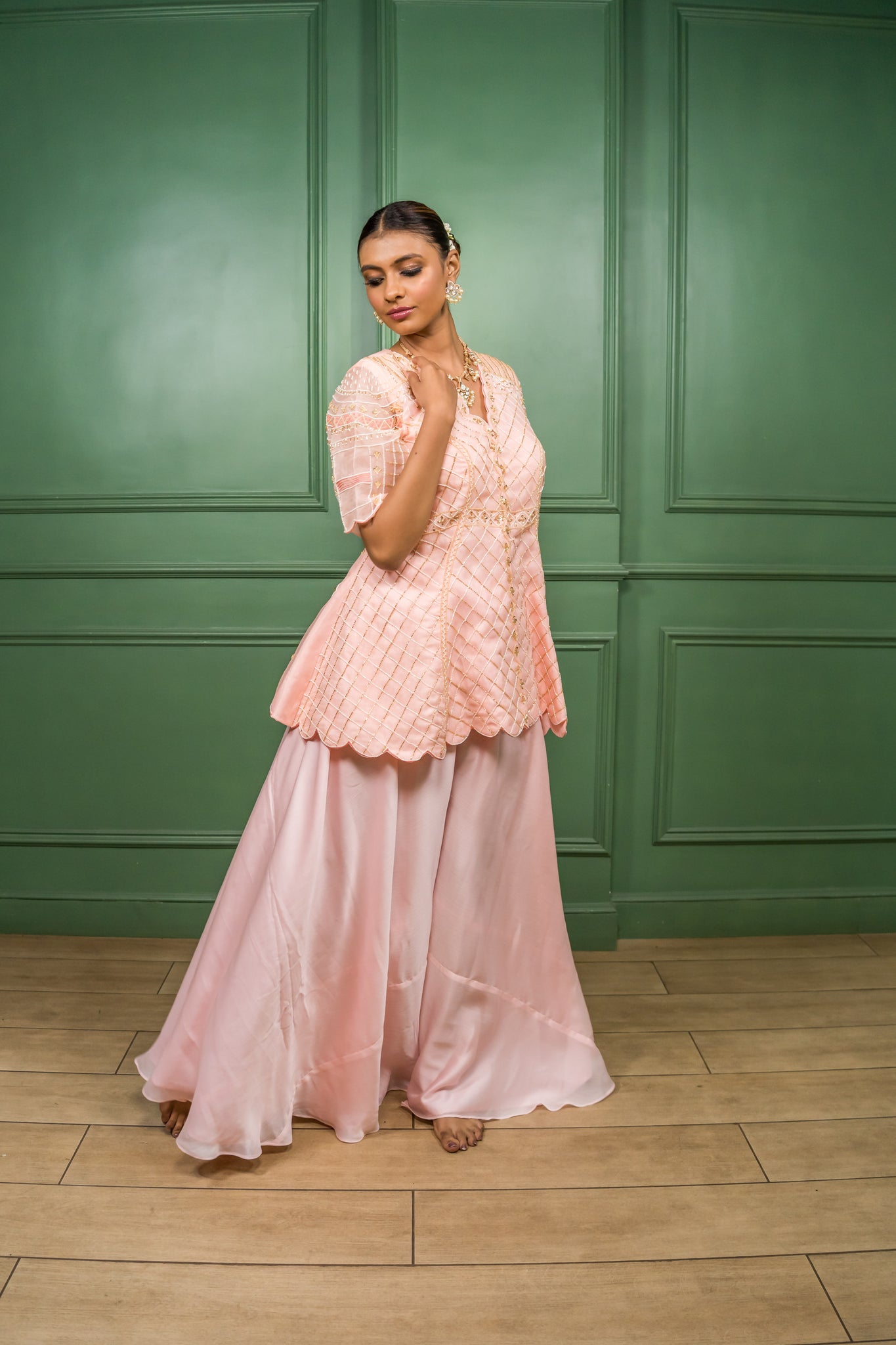 Nashit - PINK Handcrafted Peplum Jacket with Palazzo in Cutdana, Pearl and Stone Work.