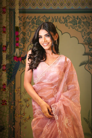 ANSHIKA-PEACH - Saree In Organza With  Embroidery Border And Buttis Featuring Multicolour Moti And Sequins .