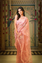 ANSHIKA-PEACH - Saree In Organza With  Embroidery Border And Buttis Featuring Multicolour Moti And Sequins .