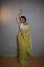 ANVIKA-MINT GREEN- Saree In Organza With  Embroidery Border And Buttis Featuring Multicolour Moti And Sequins .