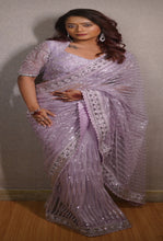 AKHILAM Womens Net Embellished Silver Work Saree With Unstitched Blouse.