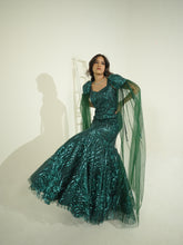 ELIZE- Emerald Green mermaid cut Embroidered Gown in net with sequins & cutdana work.