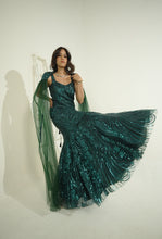 ELIZE- Emerald Green mermaid cut Embroidered Gown in net with sequins & cutdana work.