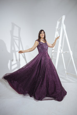 IZUUMI - Embroidered Purple Gown in net with sequins & cutdana work.