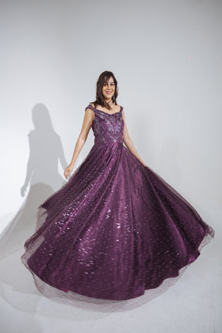 IZUUMI - Embroidered Purple Gown in net with sequins & cutdana work.