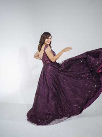 IZUUMI - Embroidered Purple Gown in net with sequins & cutdana work.