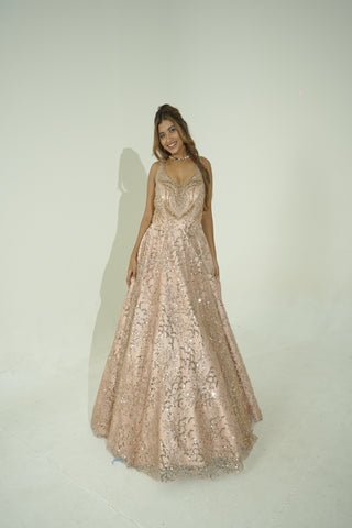 OSAA-Embroidered Peach Gown in net with sequins and cutdana work