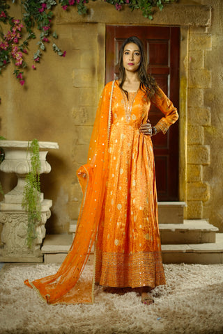 Anaash - Orange  Sequins Work Anarkali With Dupatta Butti Work With Border..