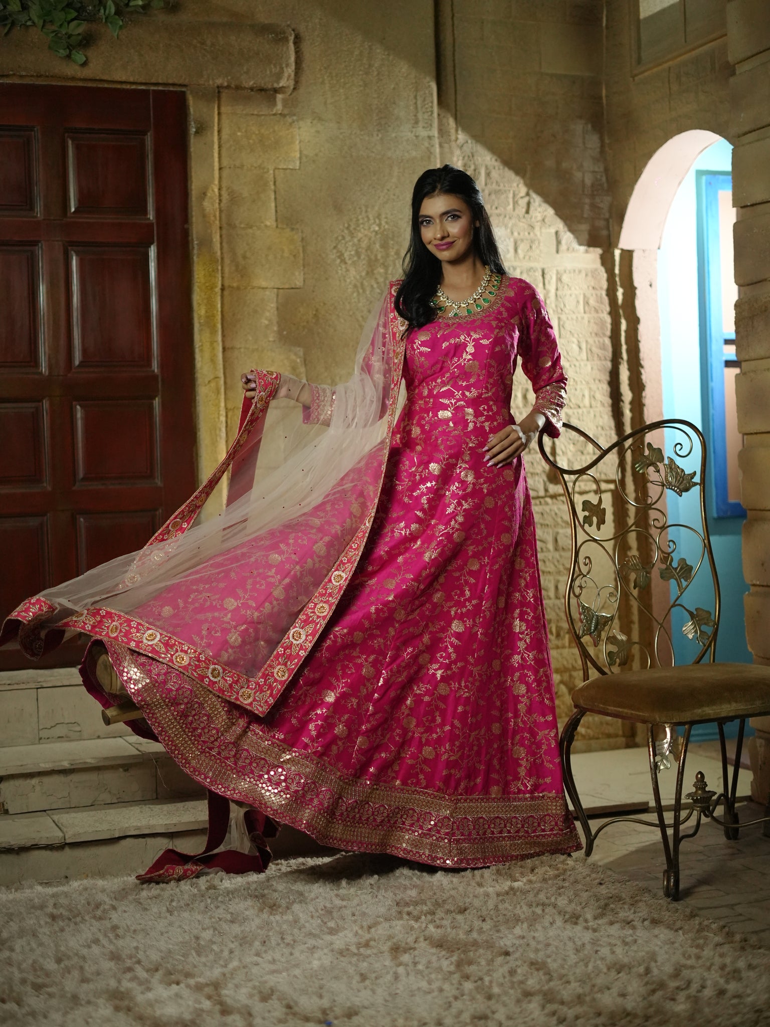 LOTUS- HOT PINK -Sequins Anarkali & Butti work Dupatta with border .