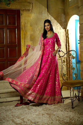 Lotus Hot Pink Banarasi Anarkali With Dupatta Butti Work With Border .