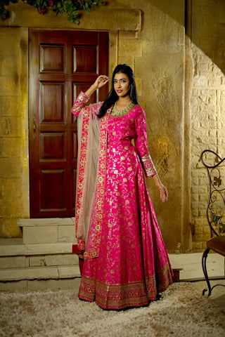 Lotus Hot Pink Banarasi Anarkali With Dupatta Butti Work With Border .