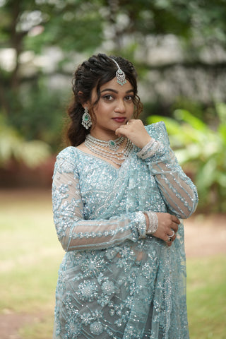 Sky Blue Net Saree with Diamond & Moti Embellishments