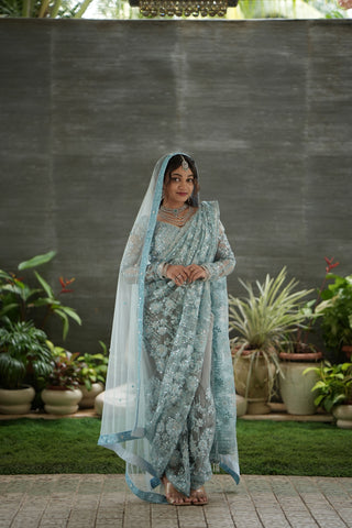 Sky Blue Net Saree with Diamond & Moti Embellishments