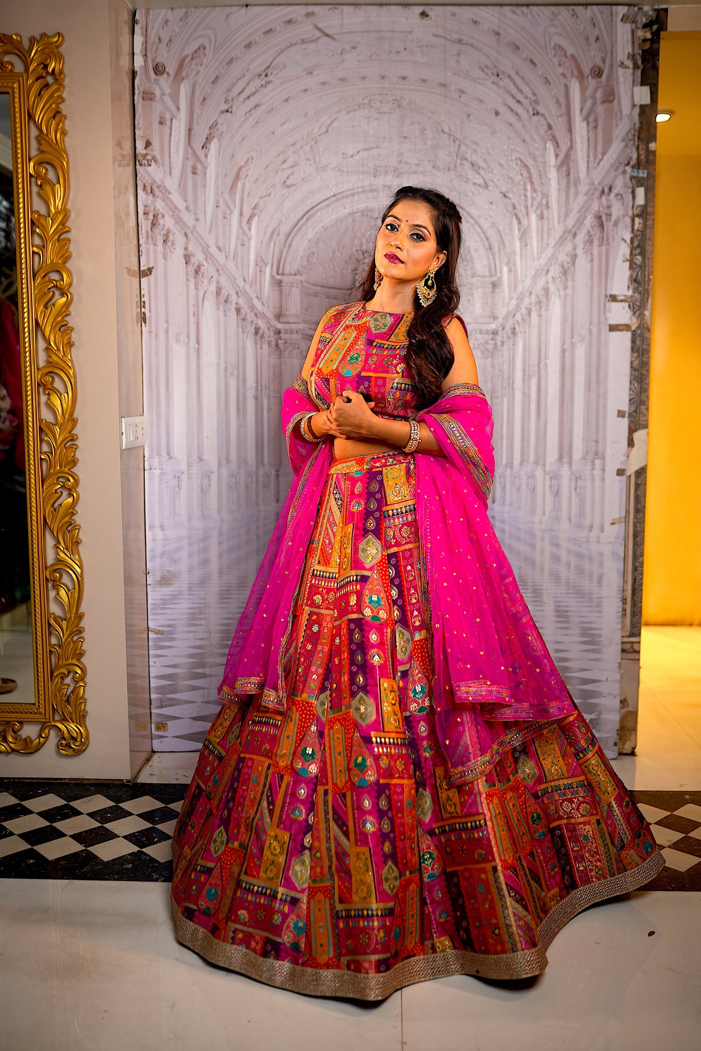 KALISTA- Multicolour pink lehenga set.