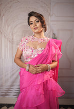 ROSIE - Hot Pink Ruffle Saree  with Jacket in chiffon Organza Embroidered Bustier With Straps .